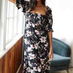 By Anthropologie Puff-Sleeve Smocked Floral Midi Dress